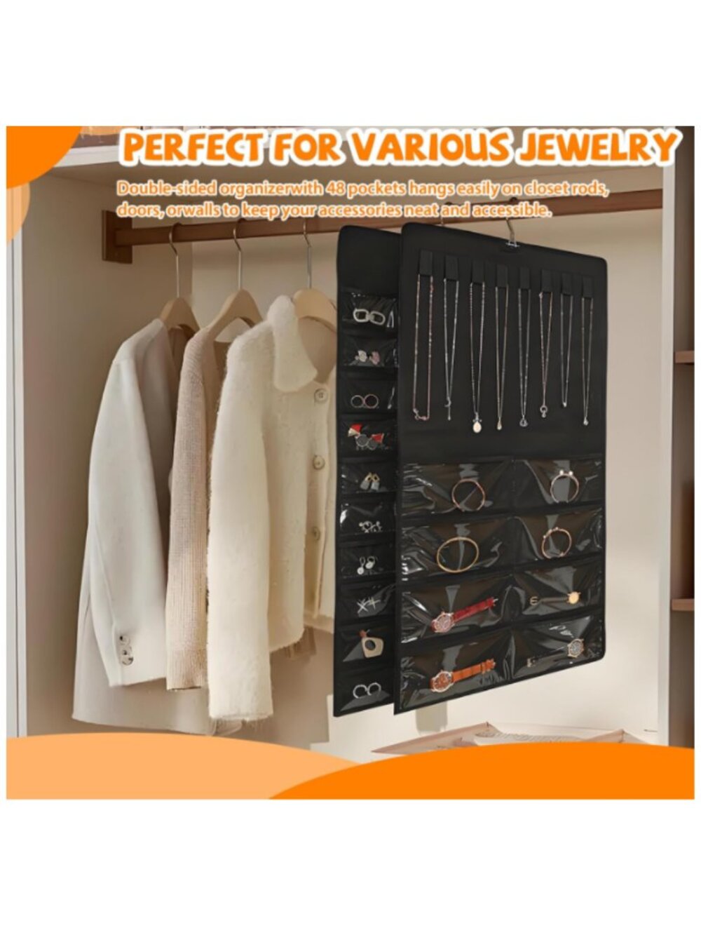 48 Pockets Hanging Jewelry Organizer Double-Sided Black NEW - Picture 2 of 3